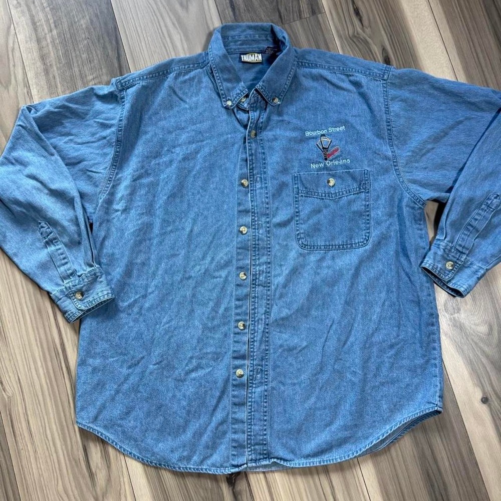 Burbon Street New Orleans Blue denim button-up shirt with embroidered logo